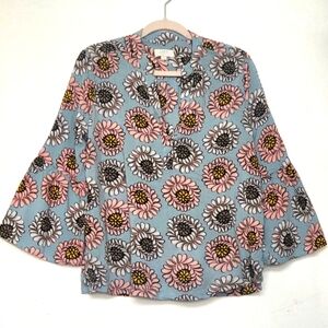 LOFT Blue and Pink Blouse 3/4 Sleeve Mandarin Collar Relaxed Fit.Size L